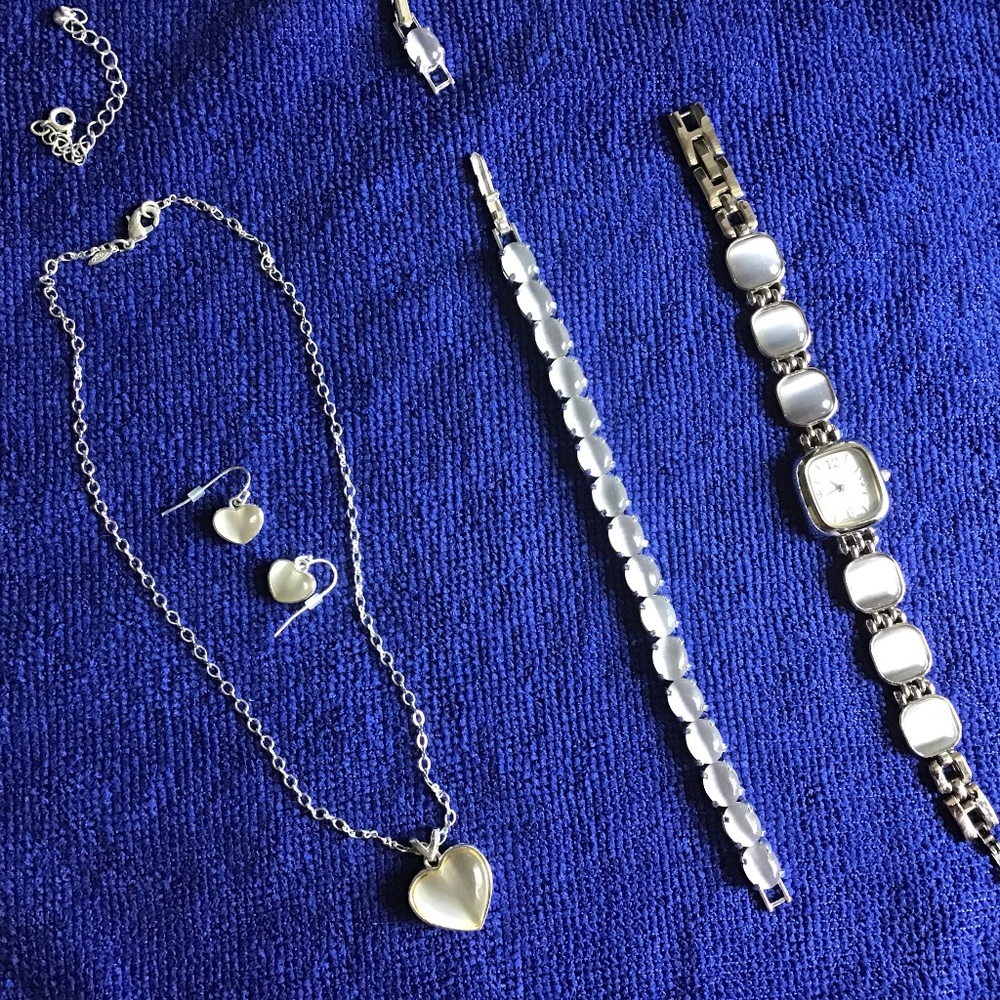 4-piece set including : tennis bracelet, bracelet watch, necklace & earrings